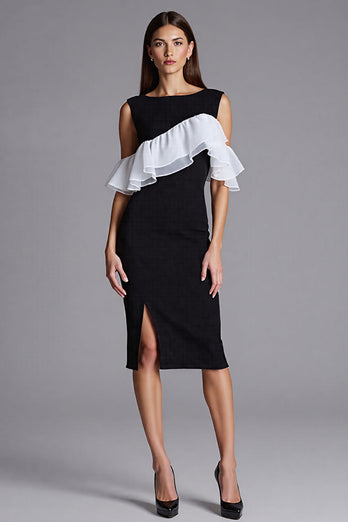 Black and White Bodycon Satin Midi Cocktail Dress with Ruffles