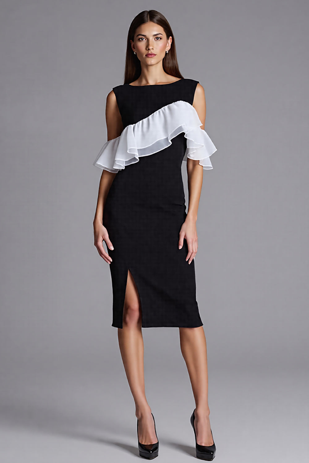 Black and White Bodycon Satin Midi Cocktail Dress with Ruffles