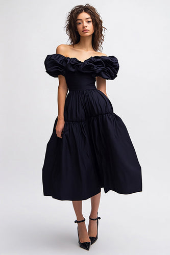Black Satin Off the Shoulder Midi Cocktail Dress with Ruffles