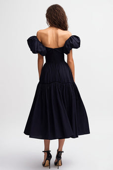 Black Satin Off the Shoulder Midi Cocktail Dress with Ruffles