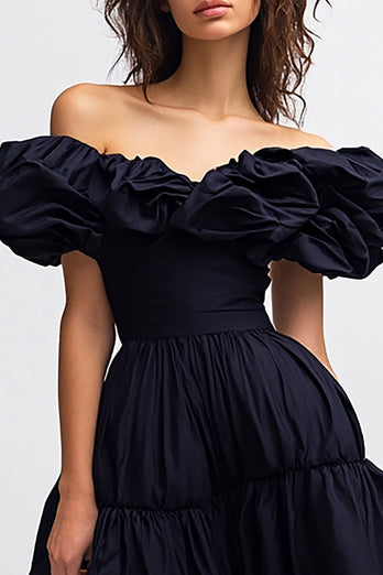 Black Satin Off the Shoulder Midi Cocktail Dress with Ruffles