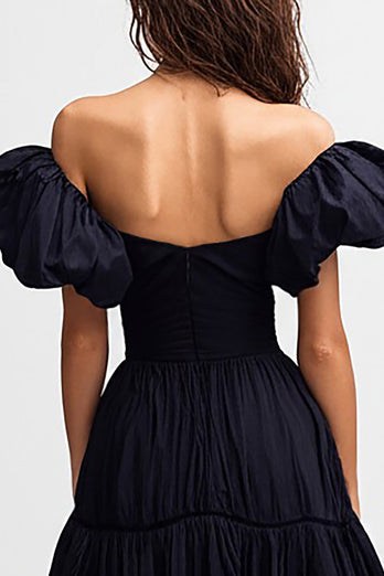 Black Satin Off the Shoulder Midi Cocktail Dress with Ruffles