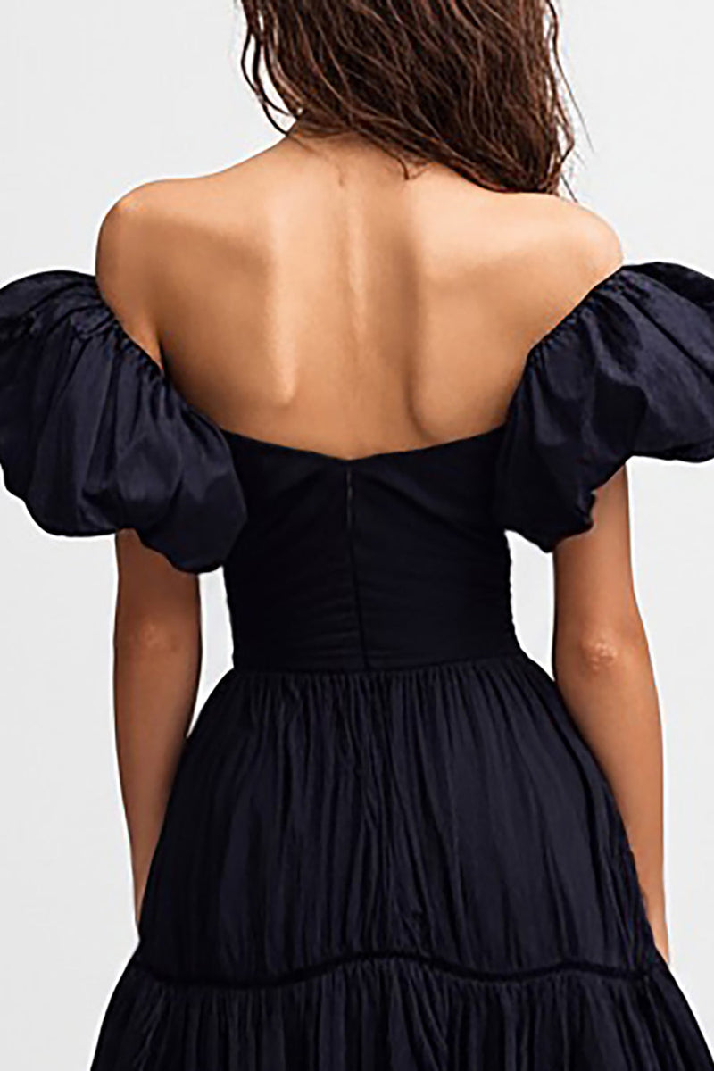 Load image into Gallery viewer, Black Satin Off the Shoulder Midi Cocktail Dress with Ruffles