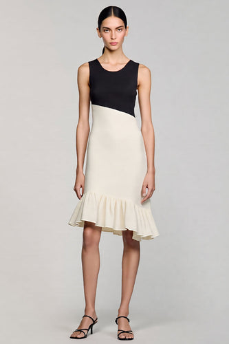 Black and White Ruffled Scoop Midi Satin Cocktail Dress