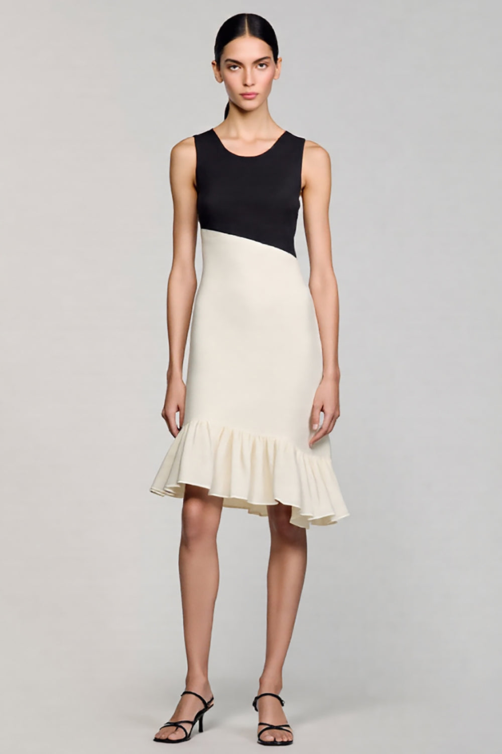 Black and White Ruffled Scoop Midi Satin Cocktail Dress