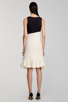 Black and White Ruffled Scoop Midi Satin Cocktail Dress