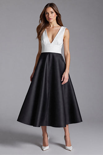 Black and White Satin V-Neck A Line Midi Cocktail Dress