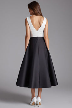 Black and White Satin V-Neck A Line Midi Cocktail Dress