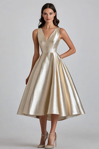 Champagne Satin V-Neck A Line Midi Cocktail Dress