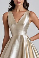 Load image into Gallery viewer, Champagne Satin V-Neck A Line Midi Cocktail Dress