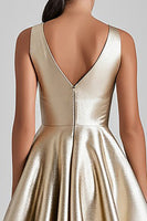 Load image into Gallery viewer, Champagne Satin V-Neck A Line Midi Cocktail Dress