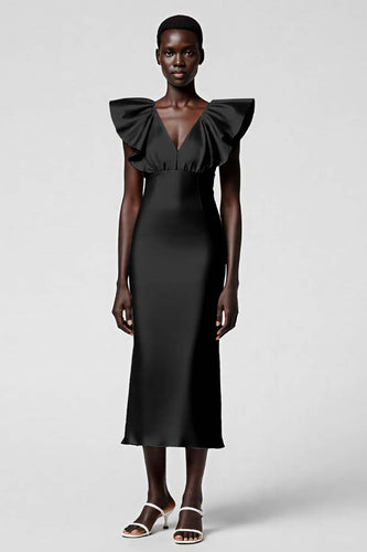 Black Satin Sheath V-Neck Midi Cocktail Dress with Ruffles