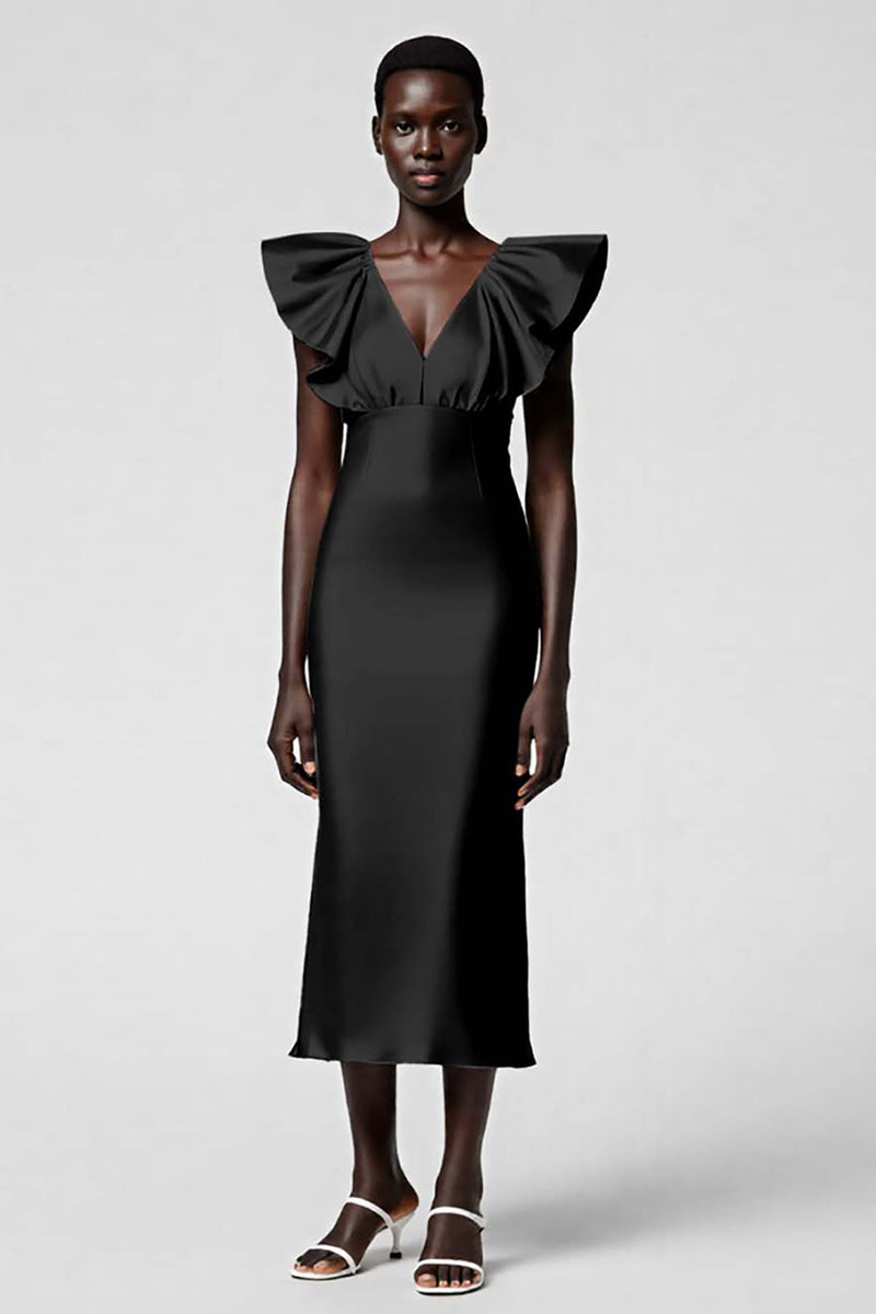 Load image into Gallery viewer, Black Satin Sheath V-Neck Midi Cocktail Dress with Ruffles