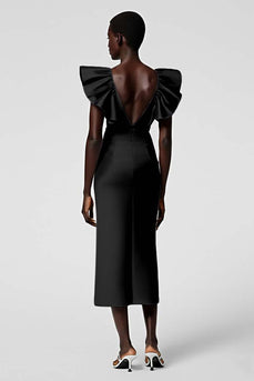 Black Satin Sheath V-Neck Midi Cocktail Dress with Ruffles