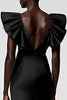 Load image into Gallery viewer, Black Satin Sheath V-Neck Midi Cocktail Dress with Ruffles