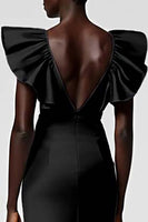 Load image into Gallery viewer, Black Satin Sheath V-Neck Midi Cocktail Dress with Ruffles