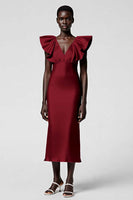 Load image into Gallery viewer, Black Satin Sheath V-Neck Midi Cocktail Dress with Ruffles