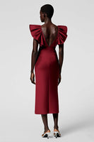 Load image into Gallery viewer, Black Satin Sheath V-Neck Midi Cocktail Dress with Ruffles