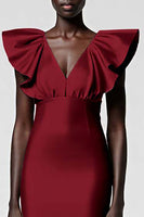 Load image into Gallery viewer, Black Satin Sheath V-Neck Midi Cocktail Dress with Ruffles