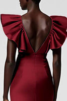 Load image into Gallery viewer, Black Satin Sheath V-Neck Midi Cocktail Dress with Ruffles