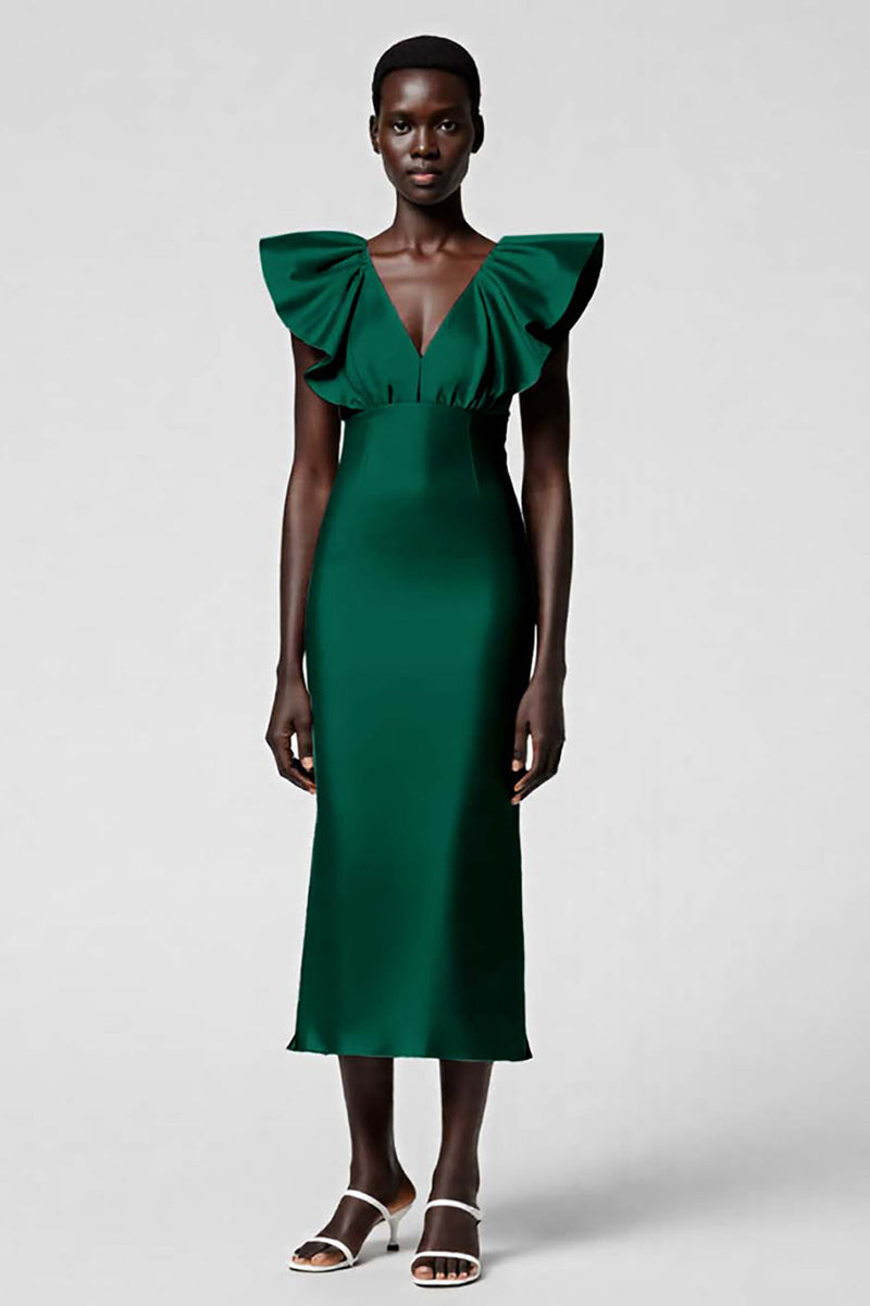 Load image into Gallery viewer, Black Satin Sheath V-Neck Midi Cocktail Dress with Ruffles