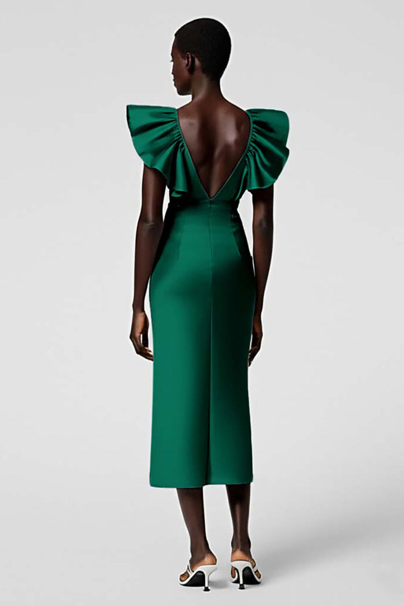 Load image into Gallery viewer, Black Satin Sheath V-Neck Midi Cocktail Dress with Ruffles