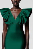 Load image into Gallery viewer, Black Satin Sheath V-Neck Midi Cocktail Dress with Ruffles