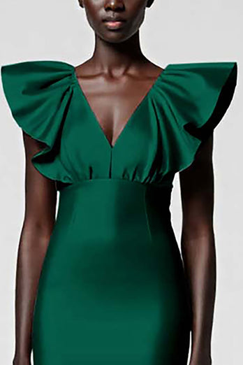 Black Satin Sheath V-Neck Midi Cocktail Dress with Ruffles