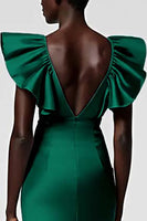 Load image into Gallery viewer, Black Satin Sheath V-Neck Midi Cocktail Dress with Ruffles