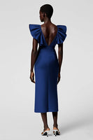 Load image into Gallery viewer, Black Satin Sheath V-Neck Midi Cocktail Dress with Ruffles