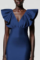 Load image into Gallery viewer, Black Satin Sheath V-Neck Midi Cocktail Dress with Ruffles