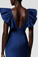 Load image into Gallery viewer, Black Satin Sheath V-Neck Midi Cocktail Dress with Ruffles