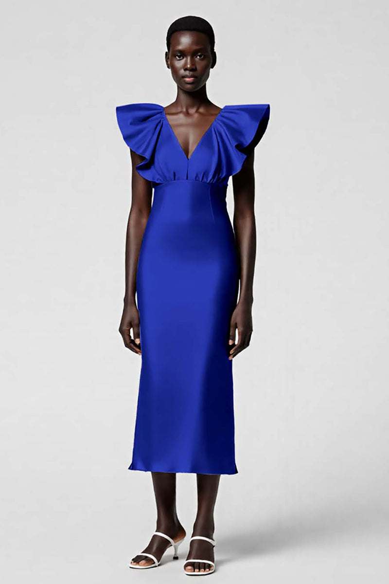 Load image into Gallery viewer, Black Satin Sheath V-Neck Midi Cocktail Dress with Ruffles