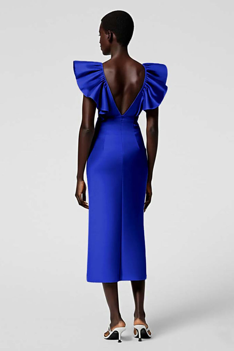 Load image into Gallery viewer, Black Satin Sheath V-Neck Midi Cocktail Dress with Ruffles