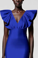 Load image into Gallery viewer, Black Satin Sheath V-Neck Midi Cocktail Dress with Ruffles