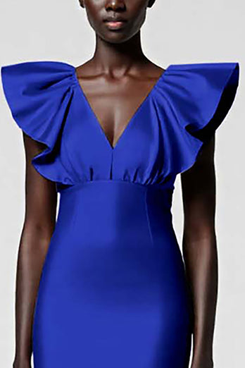 Black Satin Sheath V-Neck Midi Cocktail Dress with Ruffles