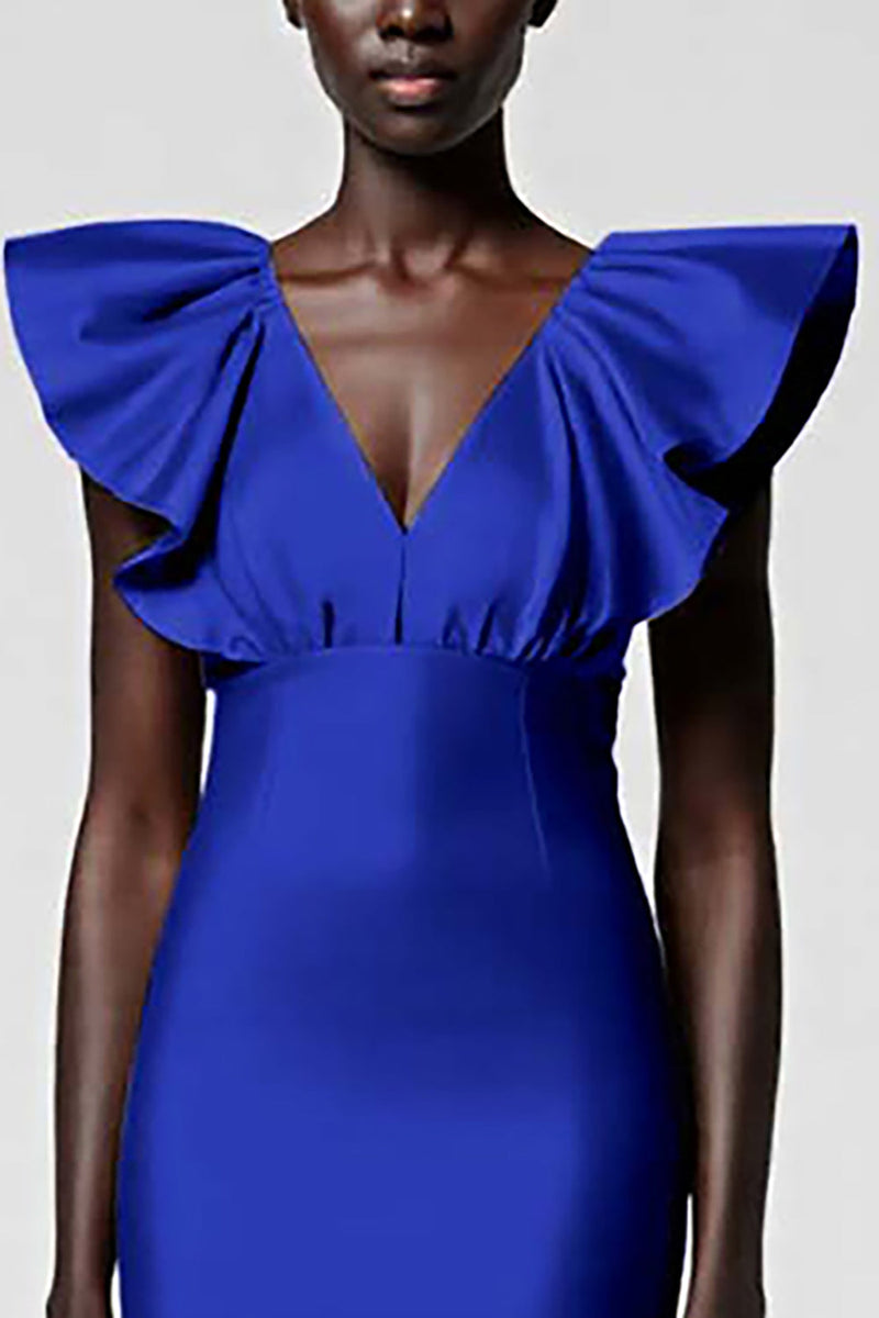 Load image into Gallery viewer, Black Satin Sheath V-Neck Midi Cocktail Dress with Ruffles
