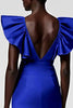 Load image into Gallery viewer, Black Satin Sheath V-Neck Midi Cocktail Dress with Ruffles