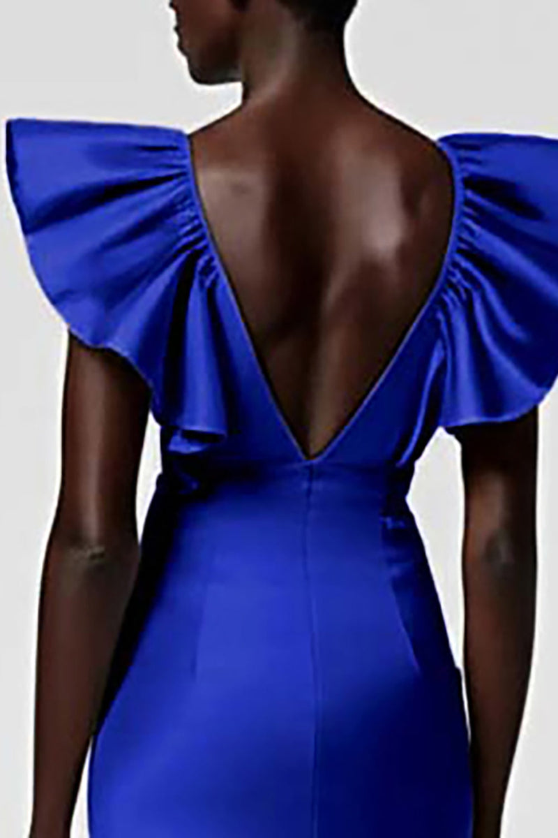 Load image into Gallery viewer, Black Satin Sheath V-Neck Midi Cocktail Dress with Ruffles