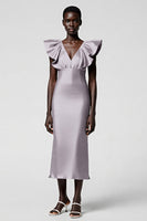 Load image into Gallery viewer, Black Satin Sheath V-Neck Midi Cocktail Dress with Ruffles