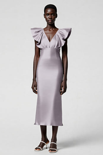 Black Satin Sheath V-Neck Midi Cocktail Dress with Ruffles