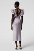 Load image into Gallery viewer, Black Satin Sheath V-Neck Midi Cocktail Dress with Ruffles
