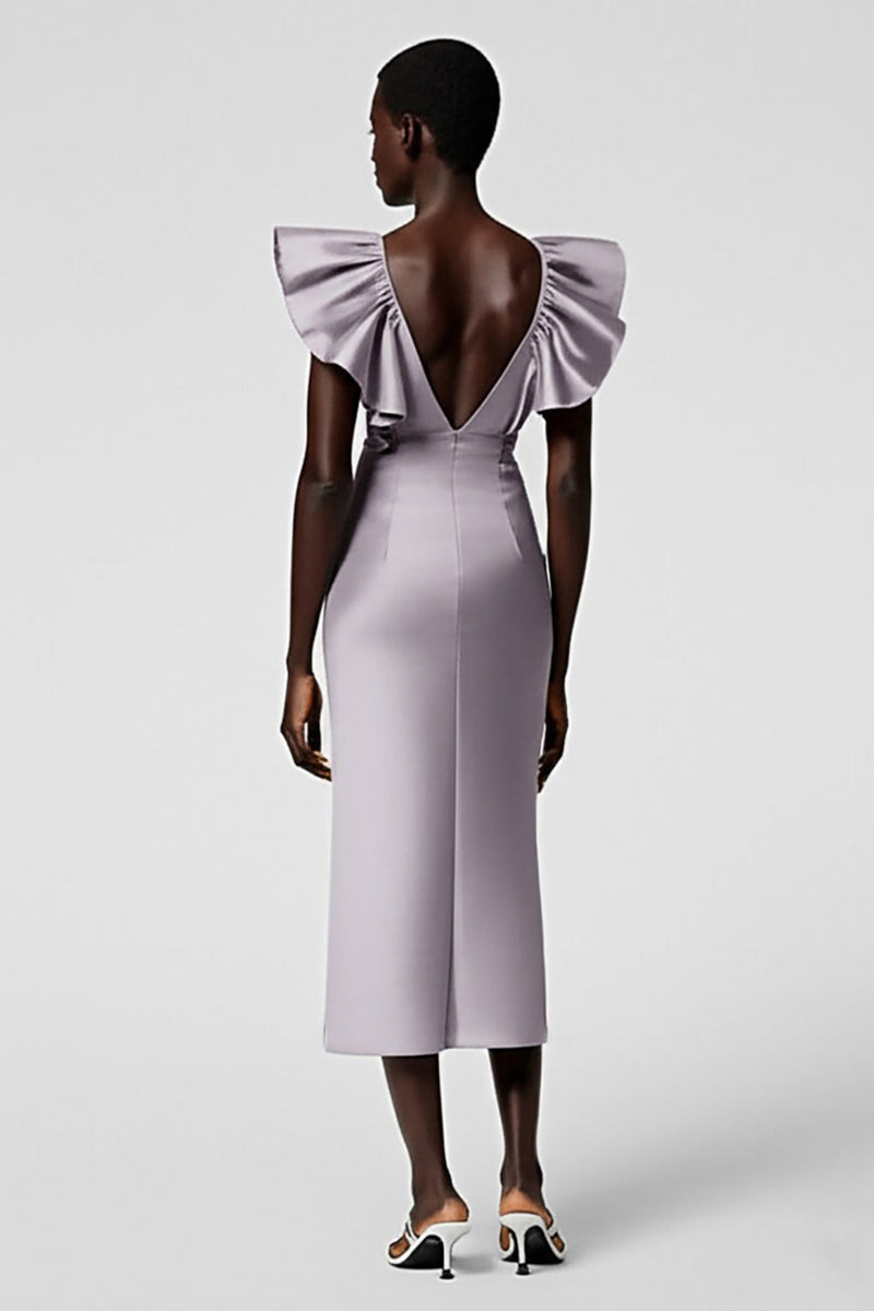 Load image into Gallery viewer, Black Satin Sheath V-Neck Midi Cocktail Dress with Ruffles