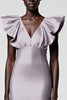 Load image into Gallery viewer, Black Satin Sheath V-Neck Midi Cocktail Dress with Ruffles