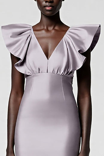 Black Satin Sheath V-Neck Midi Cocktail Dress with Ruffles