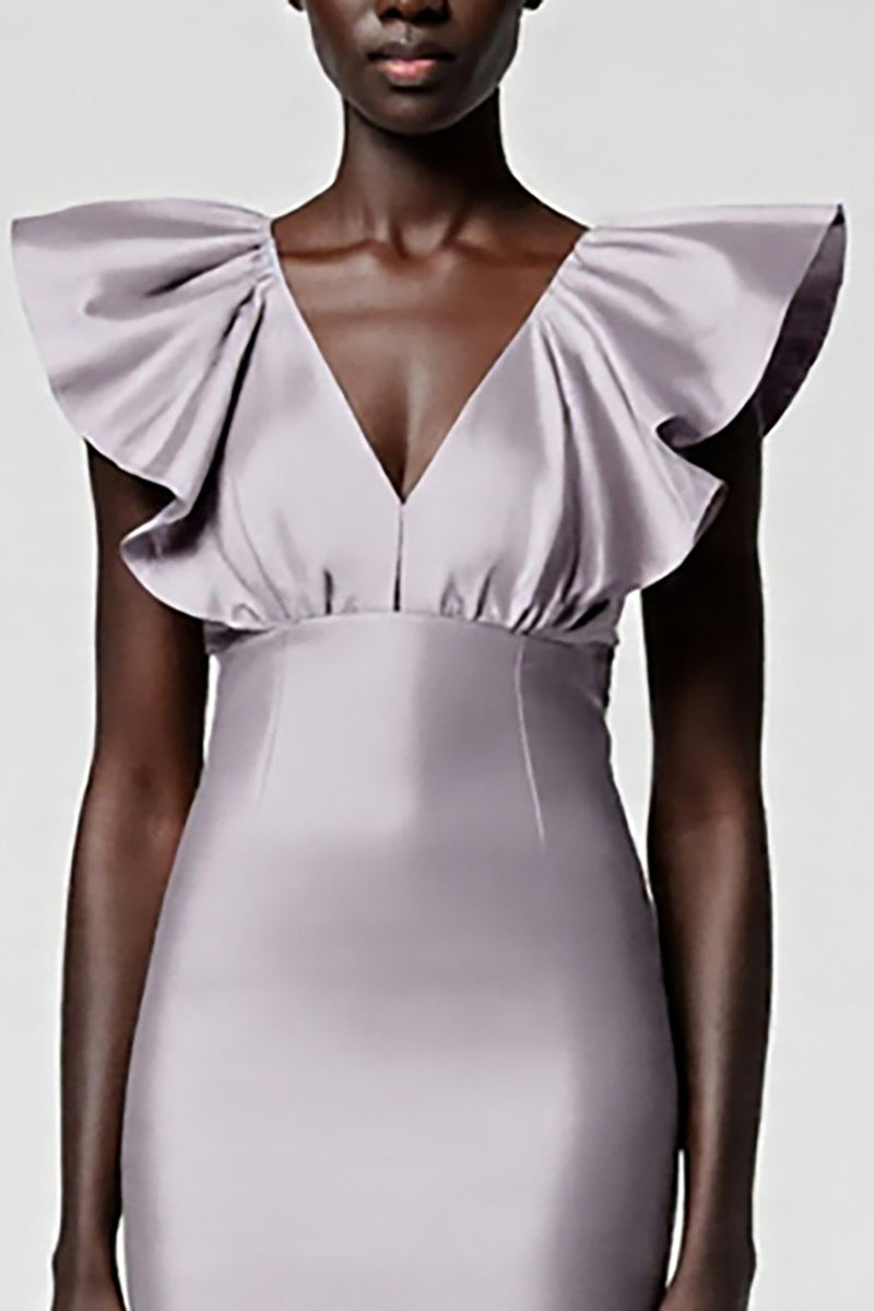 Load image into Gallery viewer, Black Satin Sheath V-Neck Midi Cocktail Dress with Ruffles