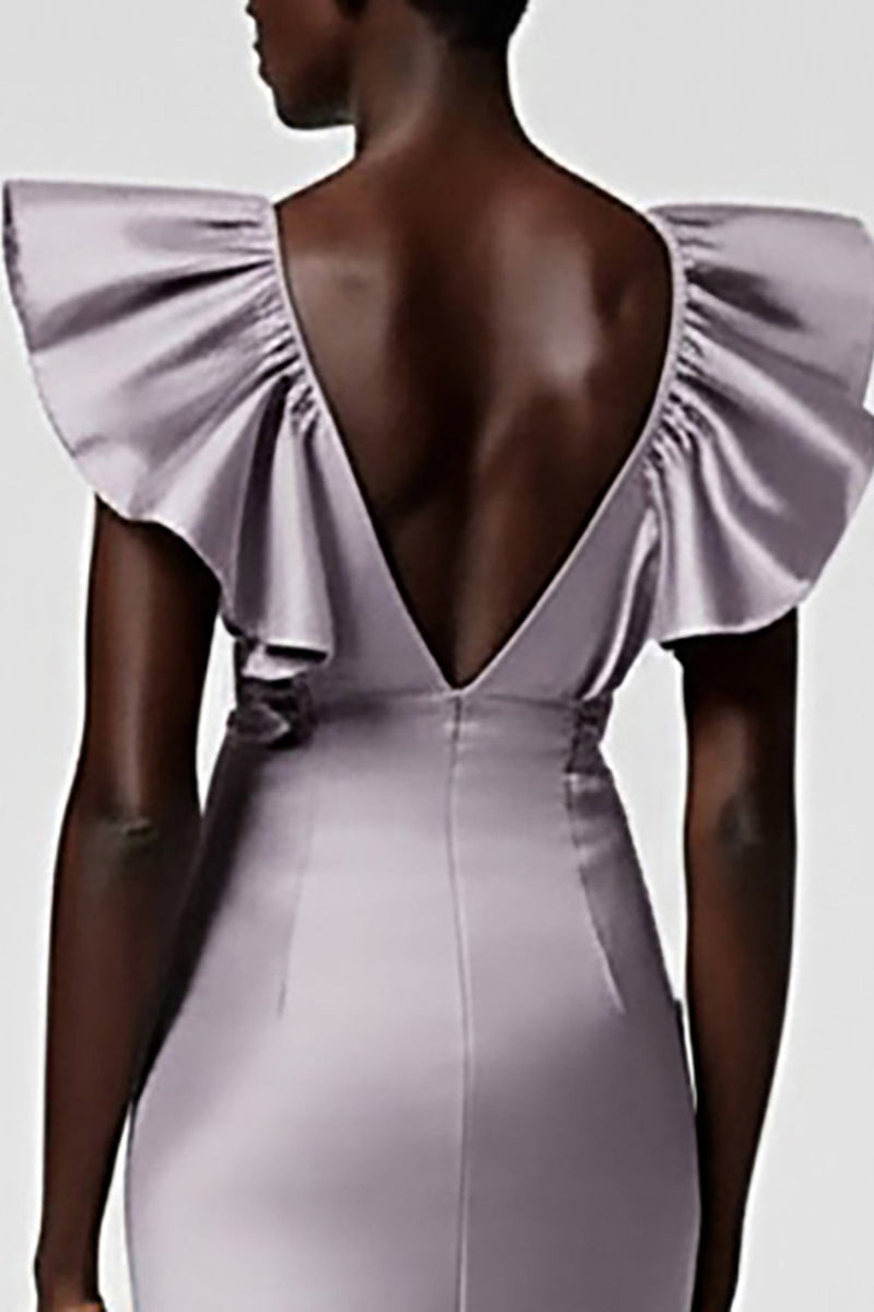 Load image into Gallery viewer, Black Satin Sheath V-Neck Midi Cocktail Dress with Ruffles