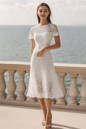 Lace Ivory A Line Midi Rehearsal Dinner Dress with Sleeves