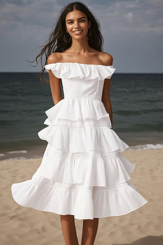 Ivory A Line Tiered Midi Engagement Dress with Ruffles
