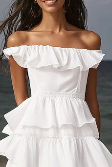 Ivory A Line Tiered Midi Engagement Dress with Ruffles